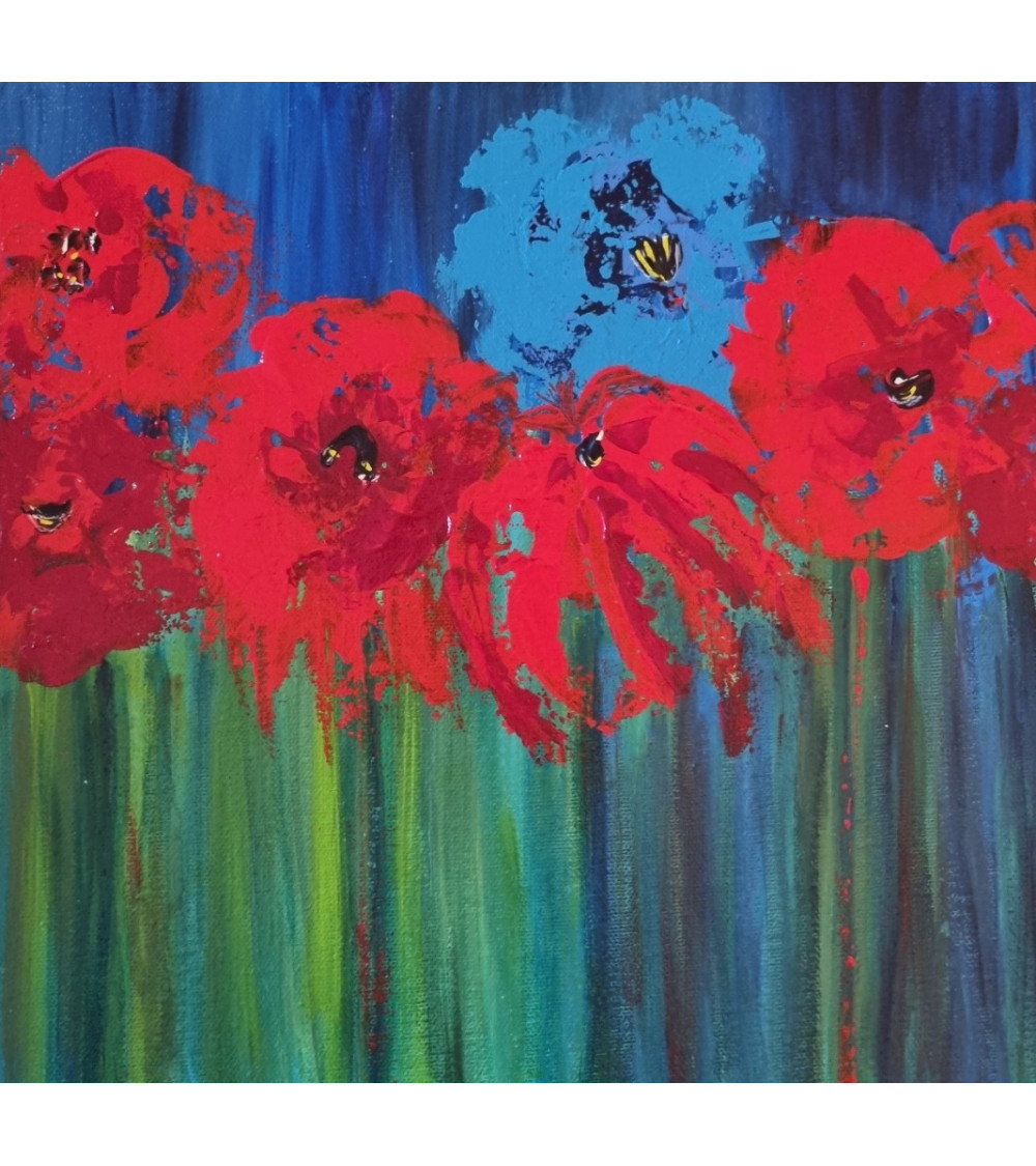 bleue, bouquet de fleurs de couleurs vives sur fond bleu, acrylique.