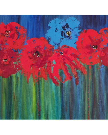bleue, bouquet de fleurs de couleurs vives sur fond bleu, acrylique.