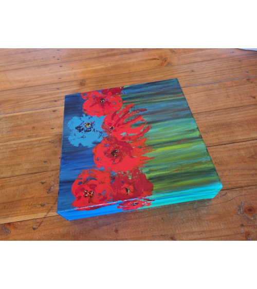 bleue, bouquet de fleurs de couleurs vives sur fond bleu, acrylique.