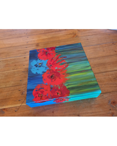 bleue, bouquet de fleurs de couleurs vives sur fond bleu, acrylique.