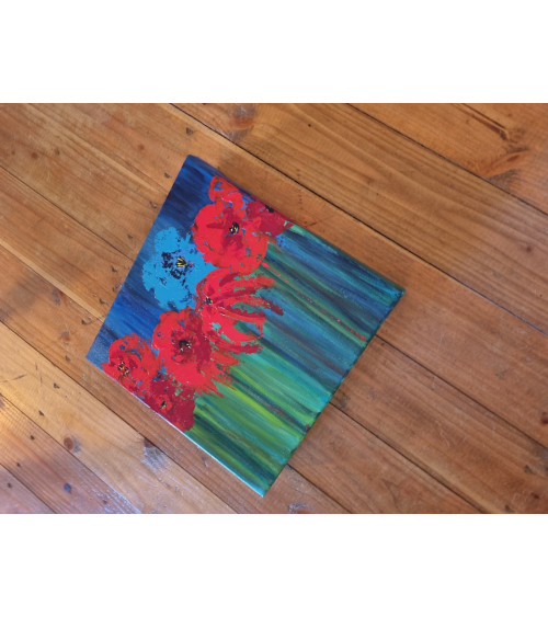 bleue, bouquet de fleurs de couleurs vives sur fond bleu, acrylique.