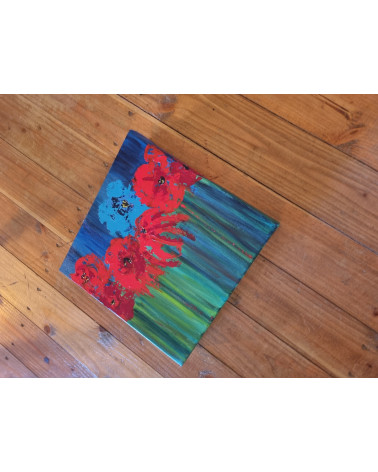 bleue, bouquet de fleurs de couleurs vives sur fond bleu, acrylique.