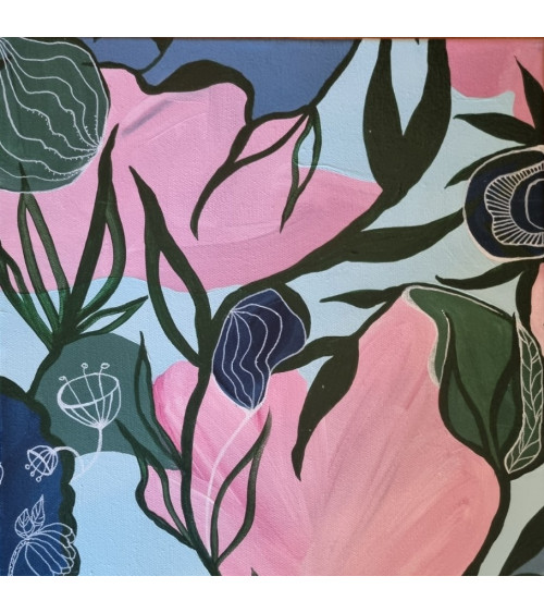 MAGNOLIA bouquet de fleurs de couleurs vives sur fond bleu, acrylique.