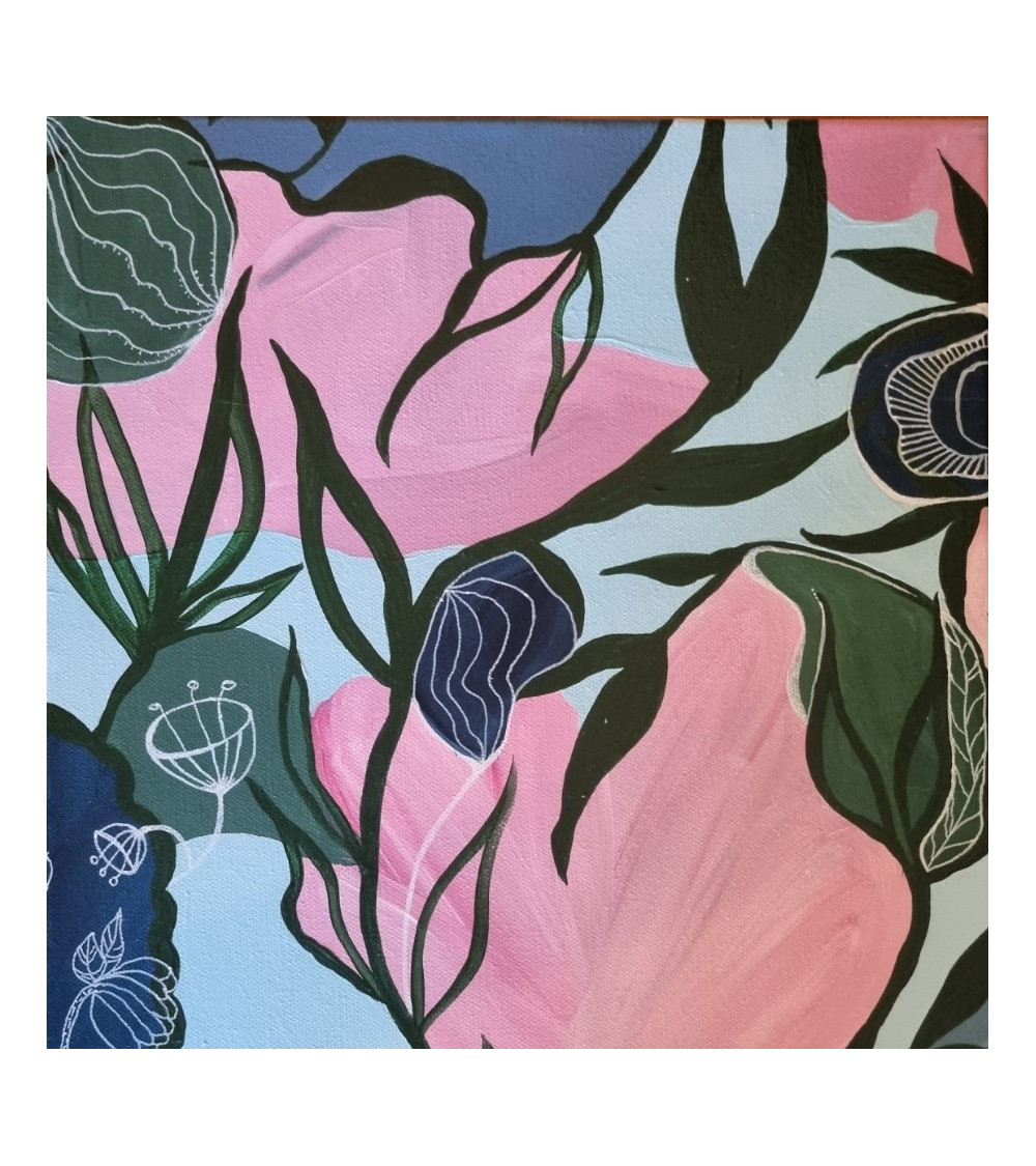 MAGNOLIA bouquet de fleurs de couleurs vives sur fond bleu, acrylique.