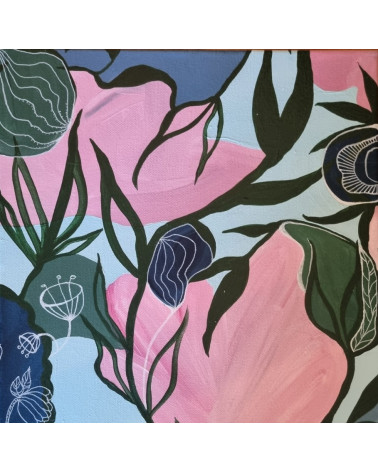 MAGNOLIA bouquet de fleurs de couleurs vives sur fond bleu, acrylique.