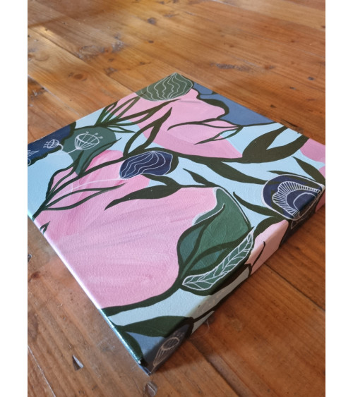 MAGNOLIA bouquet de fleurs de couleurs vives sur fond bleu, acrylique.