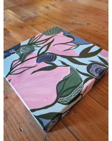 MAGNOLIA bouquet de fleurs de couleurs vives sur fond bleu, acrylique.
