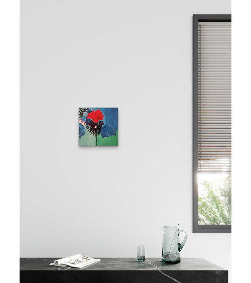 ASTER, bouquet de fleurs de couleurs vives sur fond bleu en acrylique.