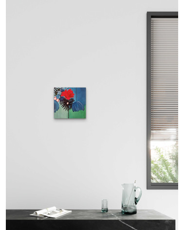 ASTER, bouquet de fleurs de couleurs vives sur fond bleu en acrylique.