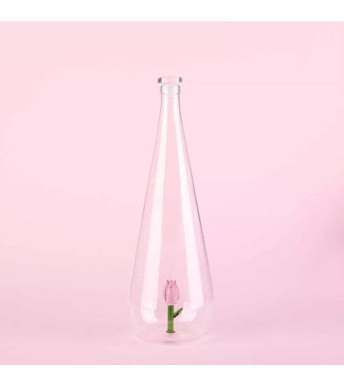 Superbe jolie bouteille en verre borosilicate ornée d'une jolie fleur.